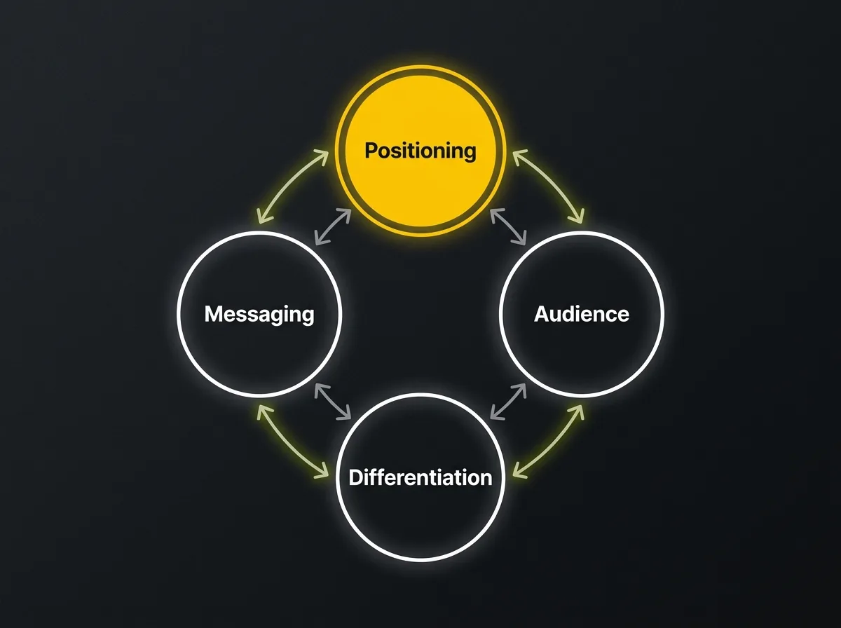 Brand strategy components diagram showing positioning, audience, differentiation, and messaging as compass points