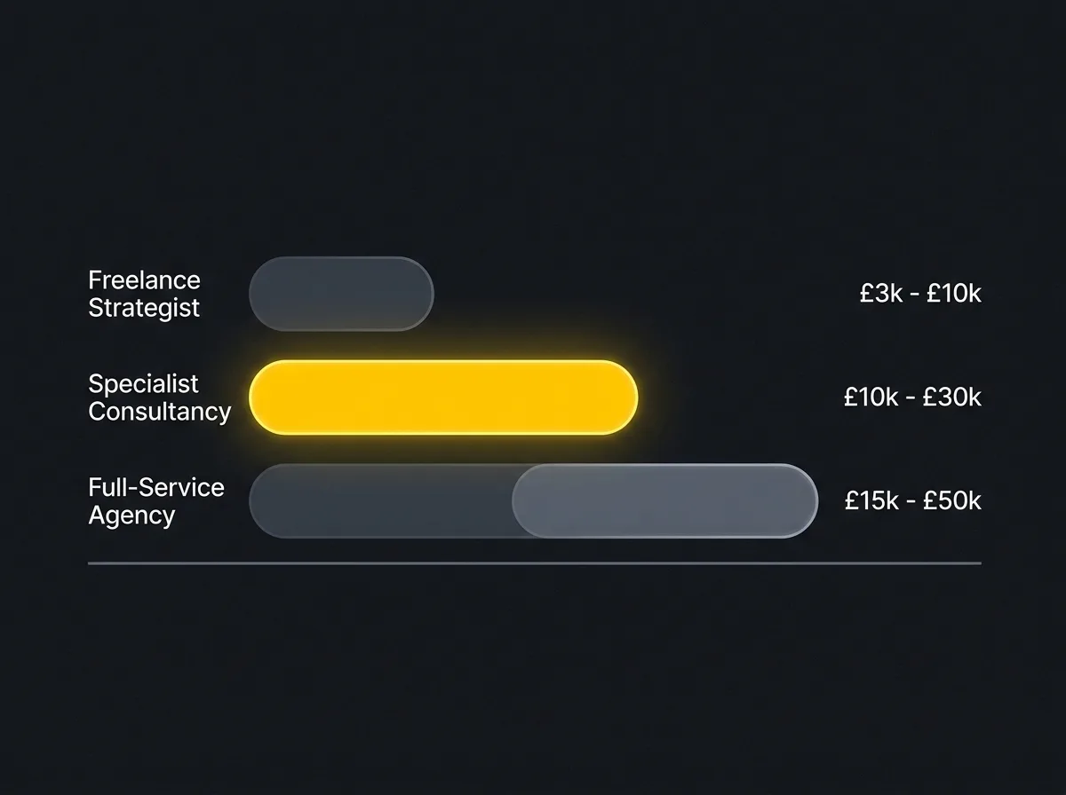 GBP price range comparison chart for three brand strategy consulting provider types in the UK