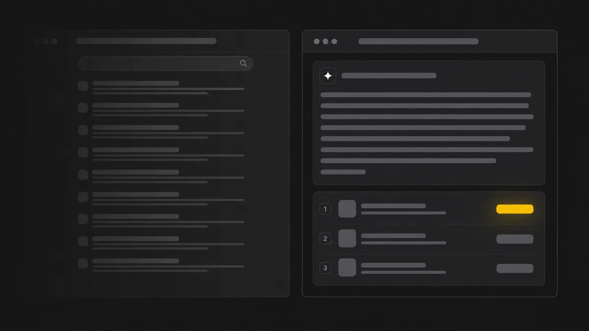 Traditional search results panel beside an AI-generated answer panel citing a business