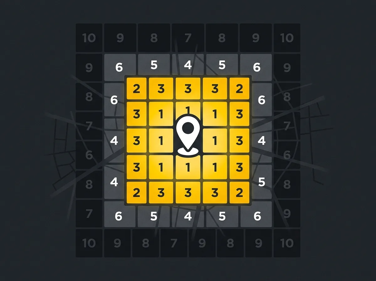 Local rank tracking heat map grid showing map pack positions across a UK service area