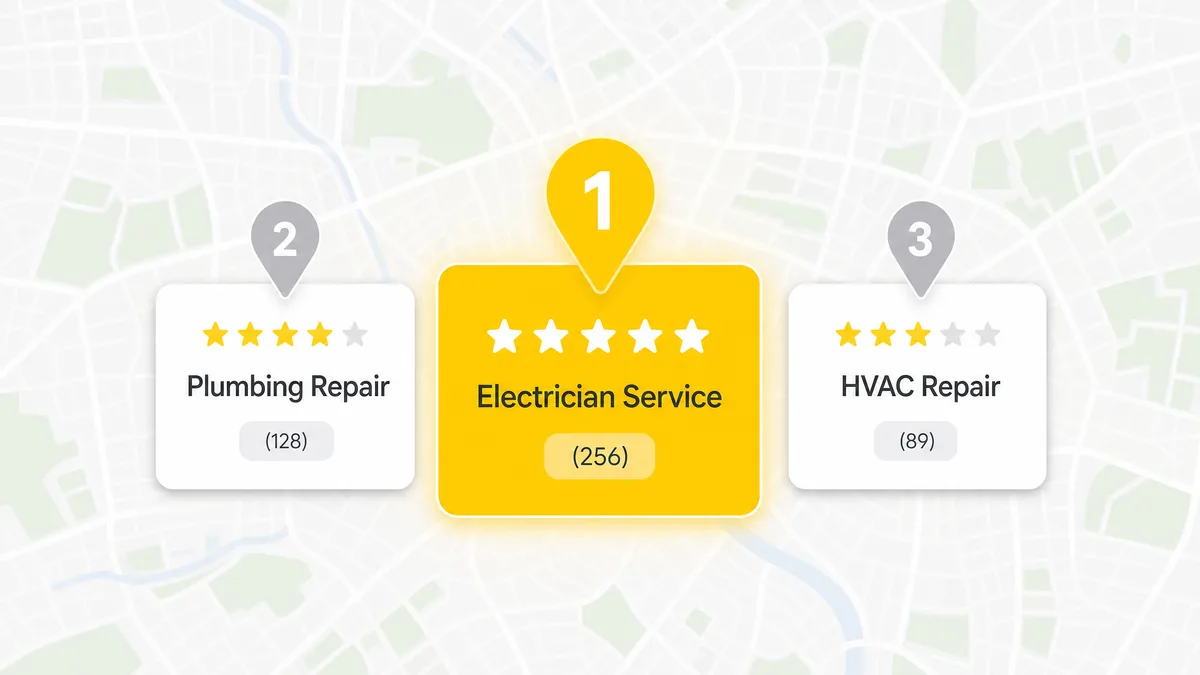 Stylised Google Maps local pack showing three UK business listing cards