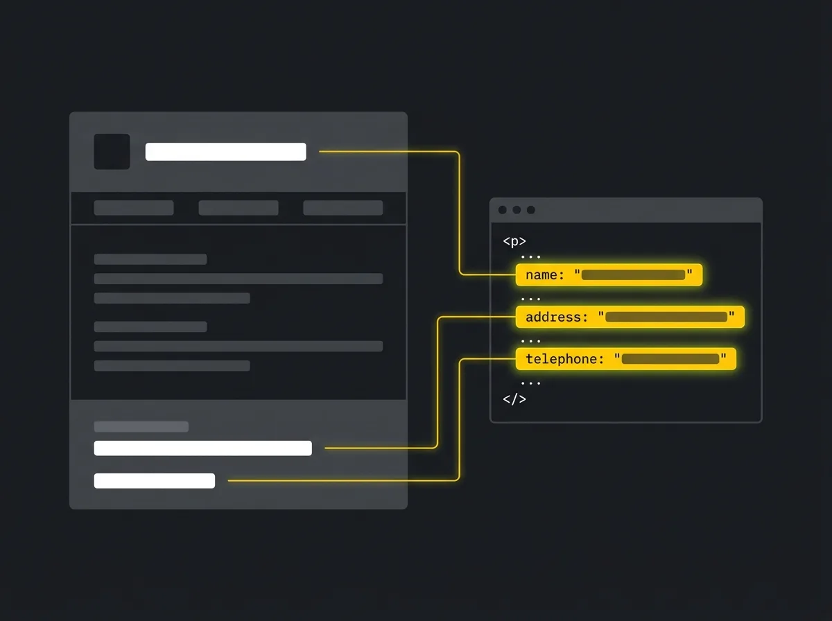 Stylised local business website with LocalBusiness schema markup annotations highlighted