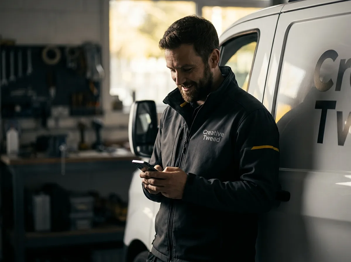 UK tradesperson reading a customer review on their phone in their workshop