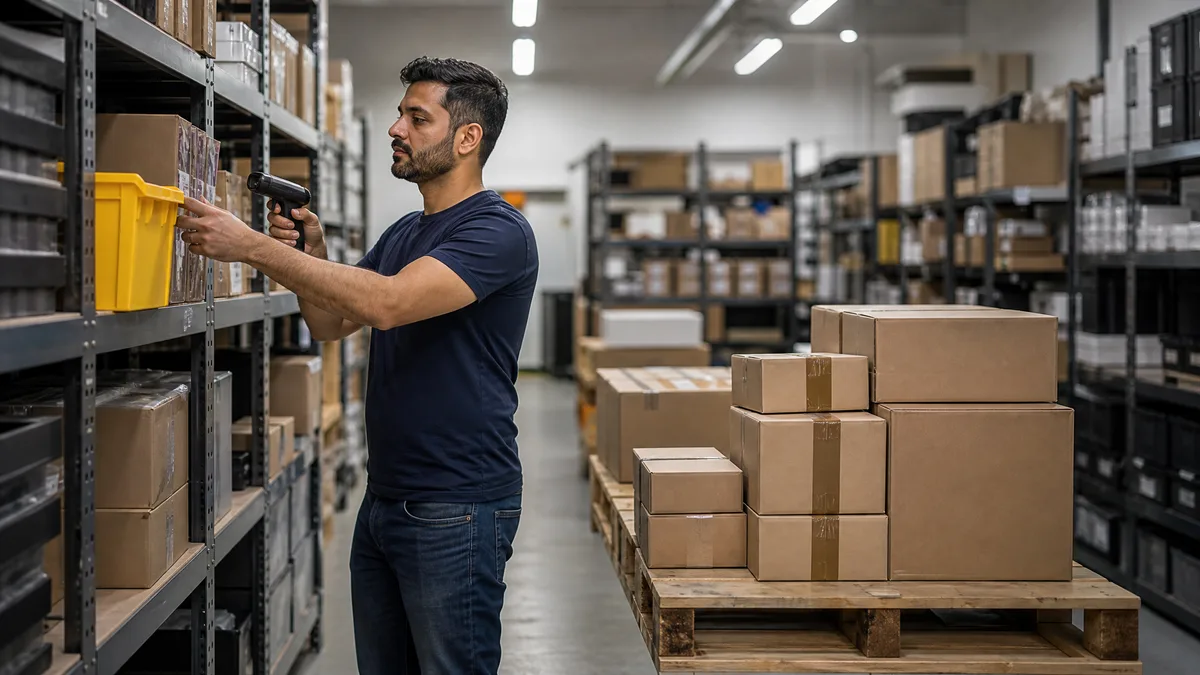 Ecommerce store owner picking orders in a small UK fulfilment room