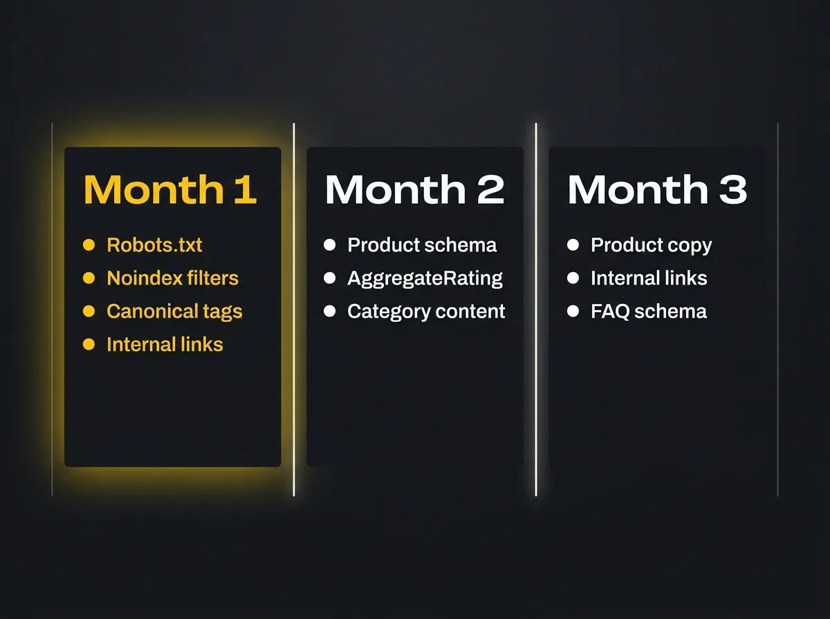 Three-sprint ecommerce SEO fix roadmap showing crawl, template, and content phases
