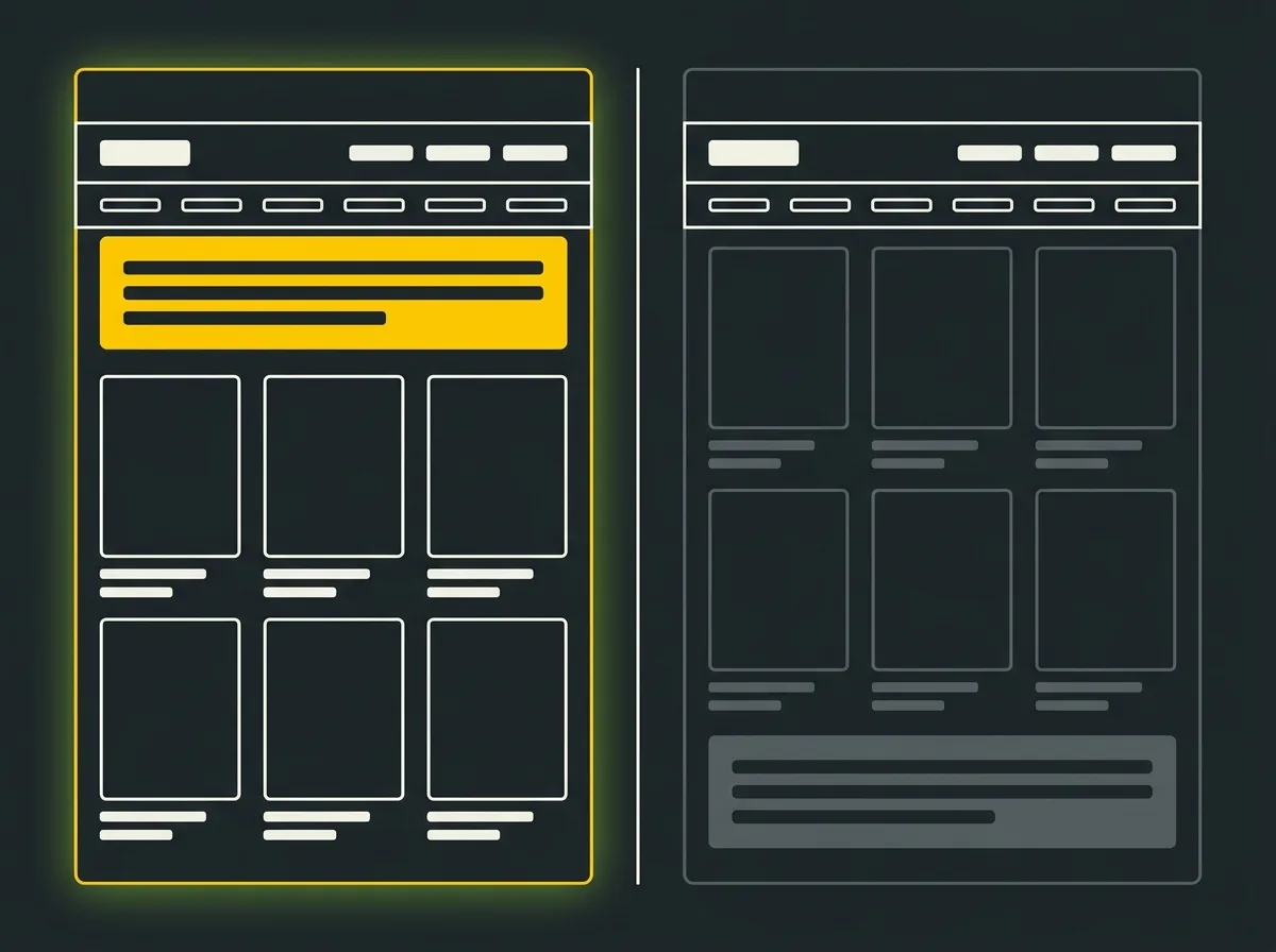 Wireframe comparison showing editorial content above versus below a product grid on a category page