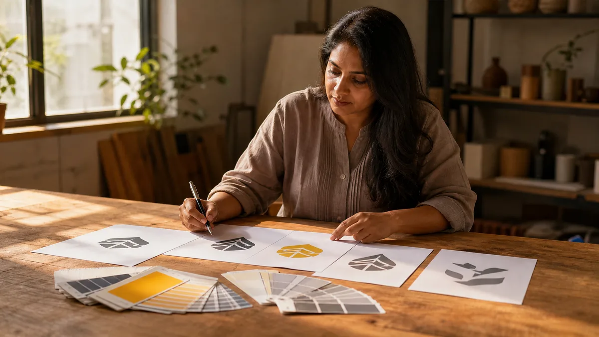 Business owner examining printed brand materials and colour swatches at a workshop table