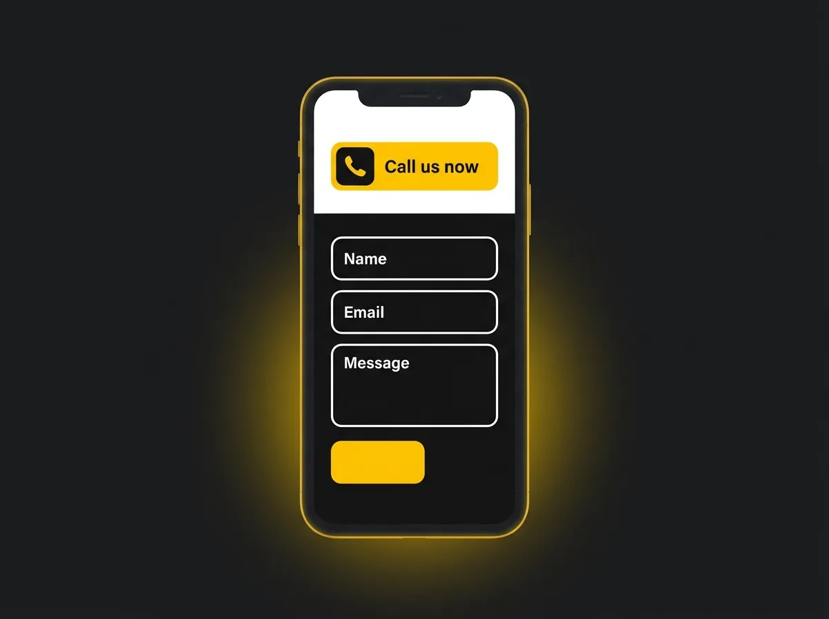 Mobile phone screen showing a tappable call button and a short three-field enquiry form