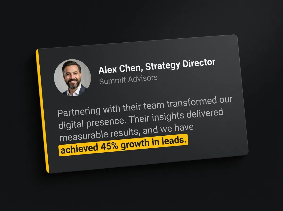 Professional services website testimonial card with a named client, company, role, and measurable result