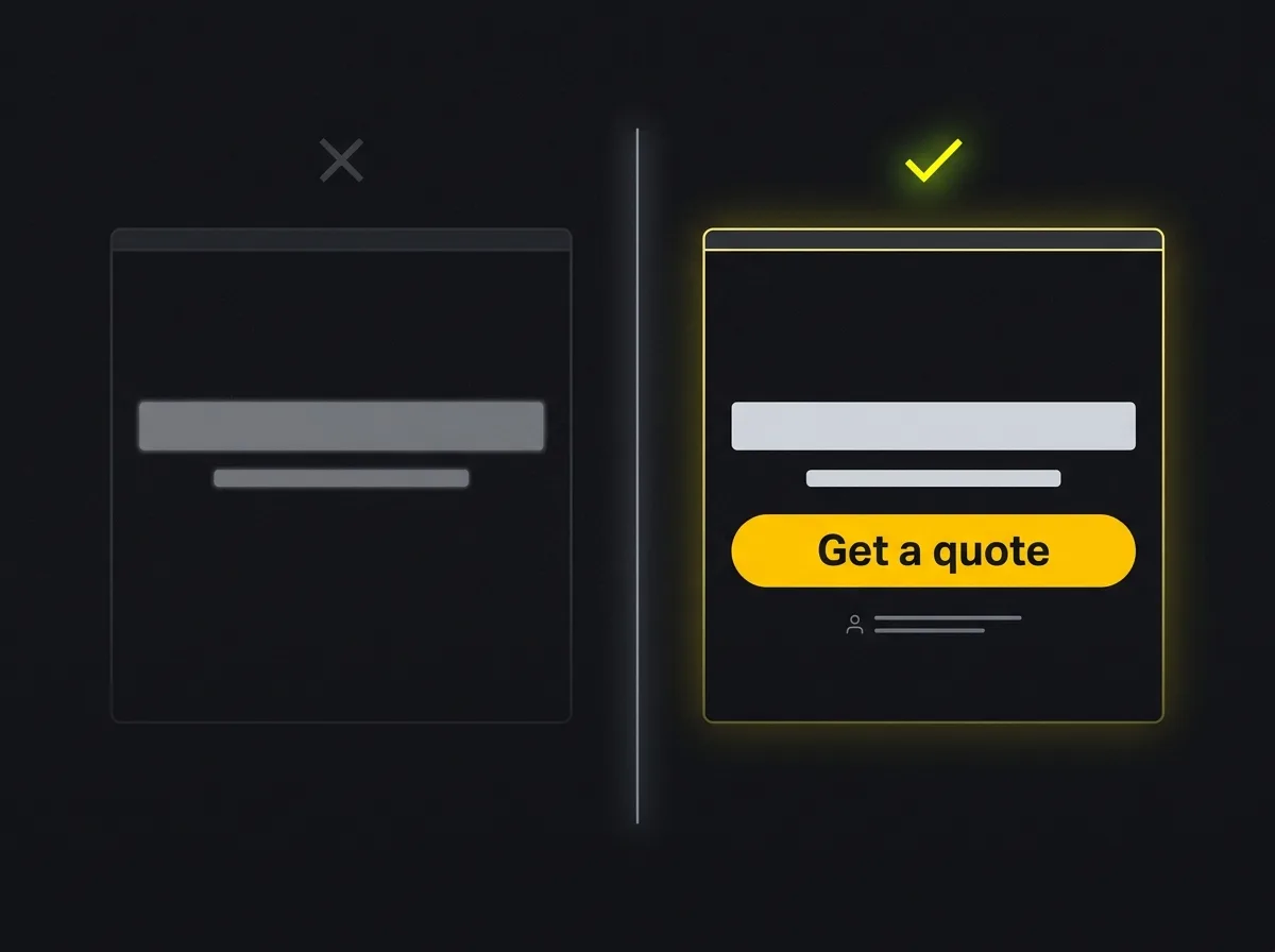 Side-by-side wireframe comparing a generic homepage headline against an outcome-led buyer-facing headline