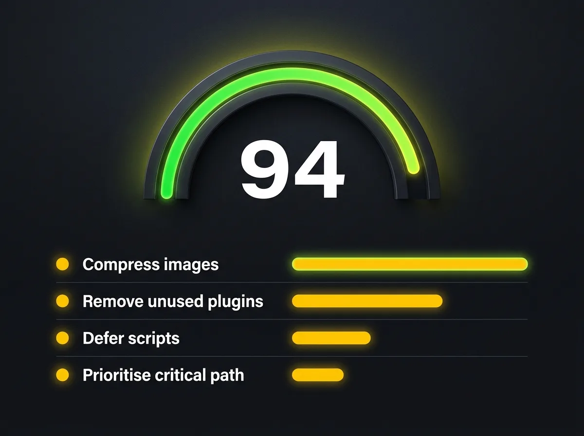Stylised PageSpeed Insights dial with a high performance score and four ranked improvement actions