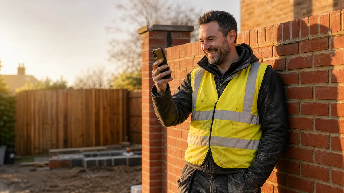 UK builder on finished job site checking phone for new website enquiry notification
