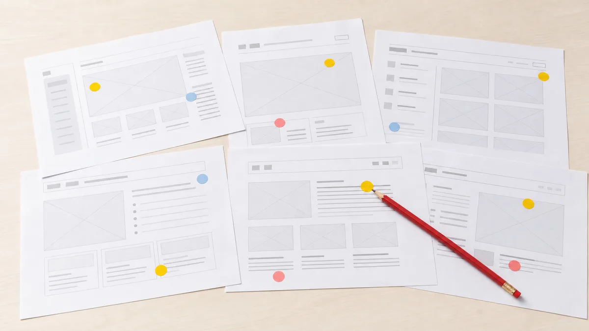 Printed website wireframe pages with coloured annotation stickers on a clean studio desk