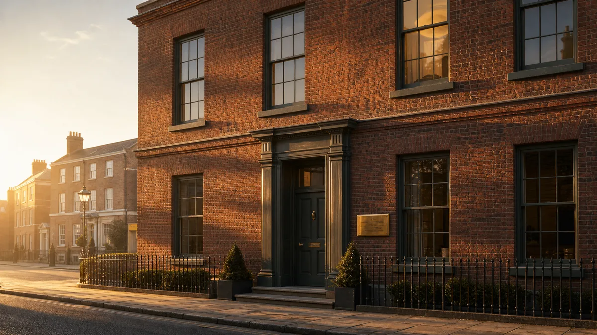 Georgian accountancy firm exterior on a UK high street with brass nameplate