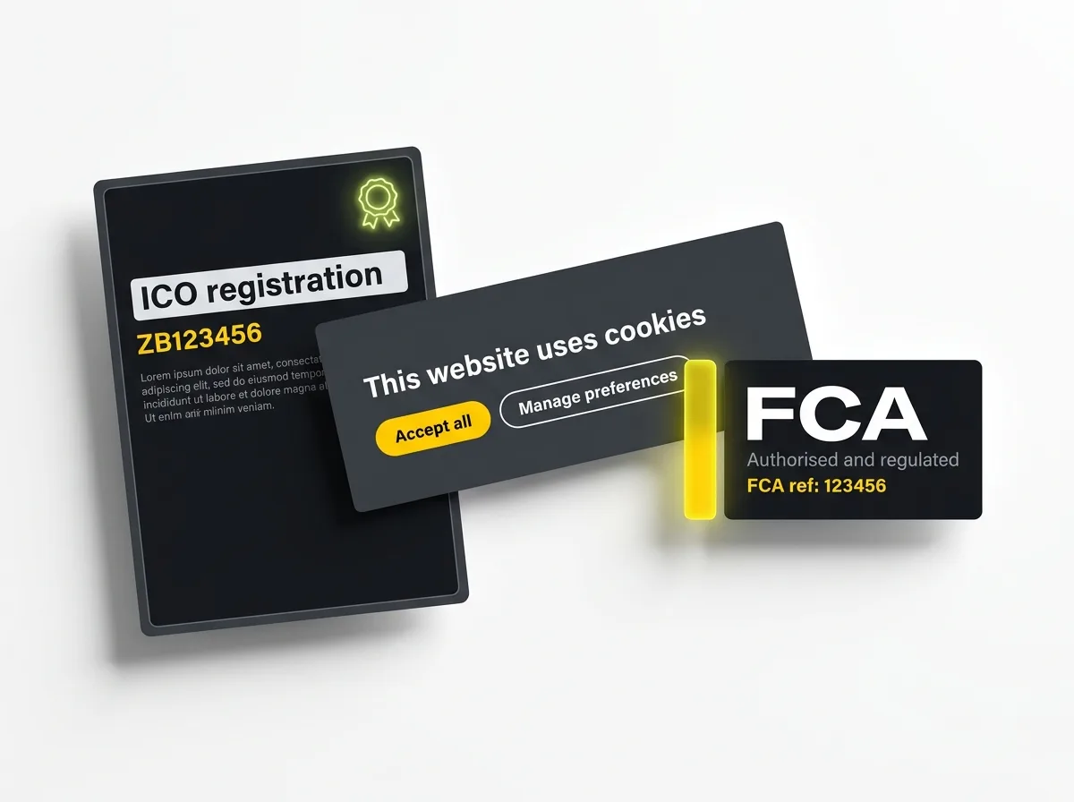 ICO registration certificate, cookie consent and FCA reference number compliance elements