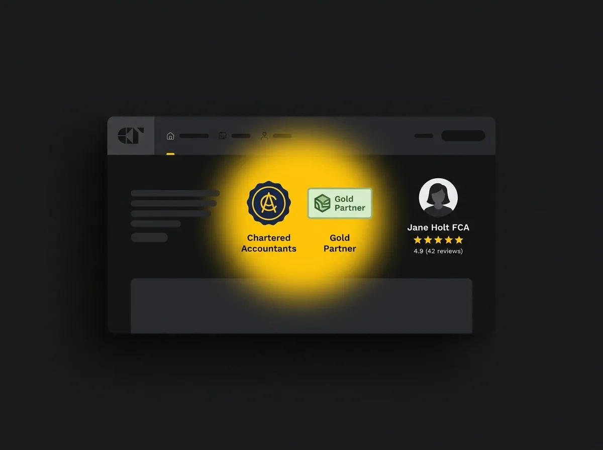 Stylised accountancy firm homepage header with accreditation badges, partner portrait and review stars