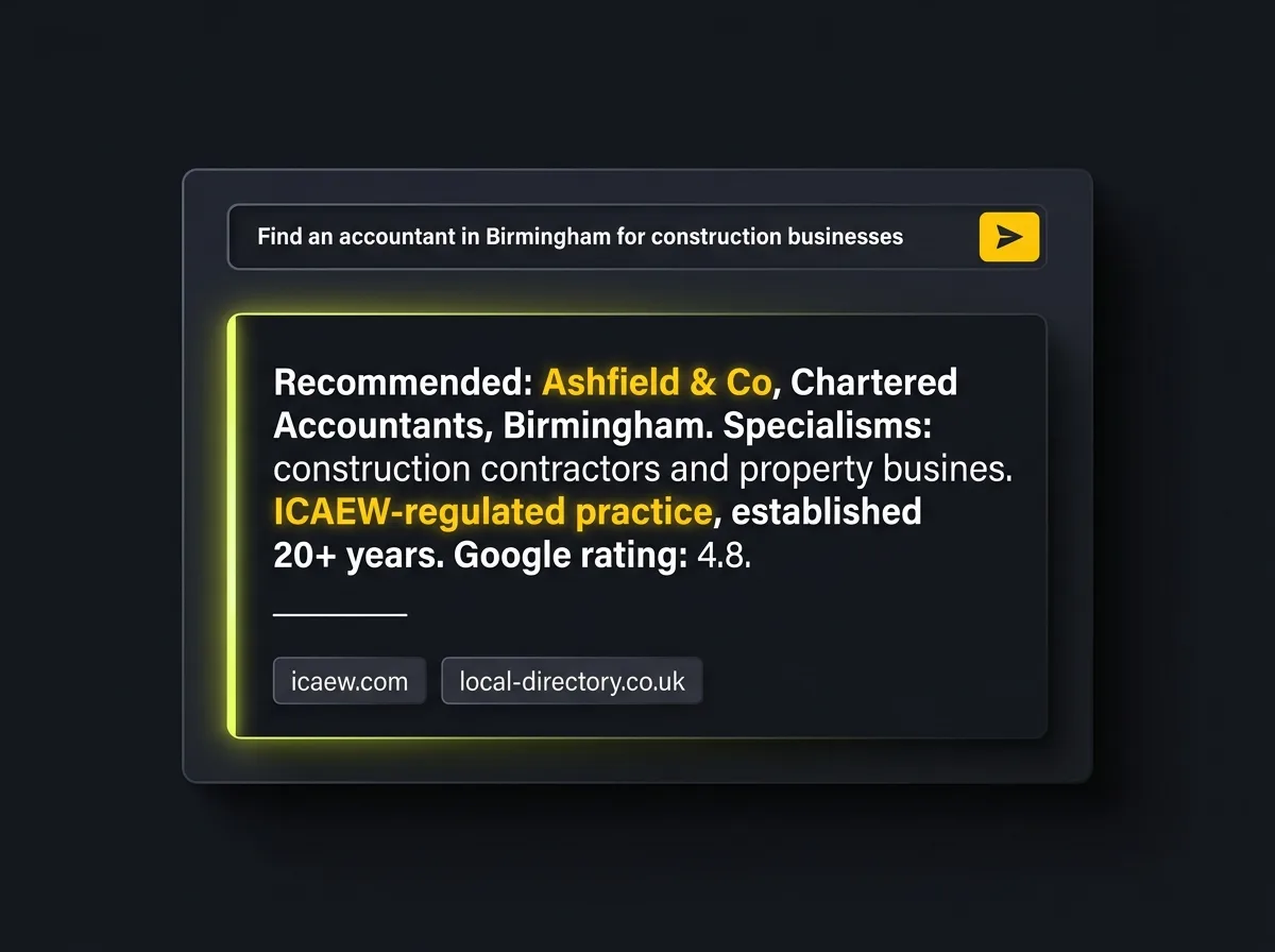Stylised AI recommendation panel showing an accountancy firm with cited credentials and specialisms