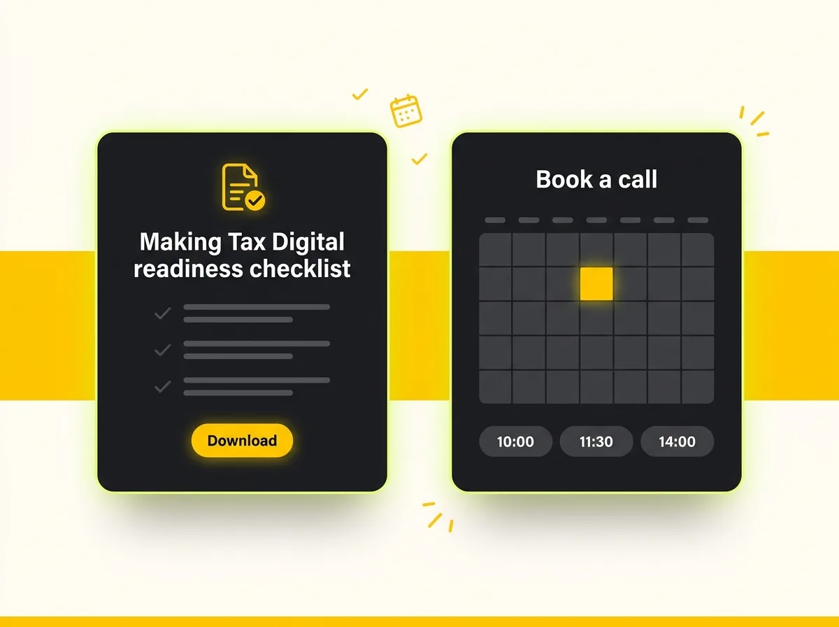Stylised MTD checklist download card and calendar booking interface for accountancy firms