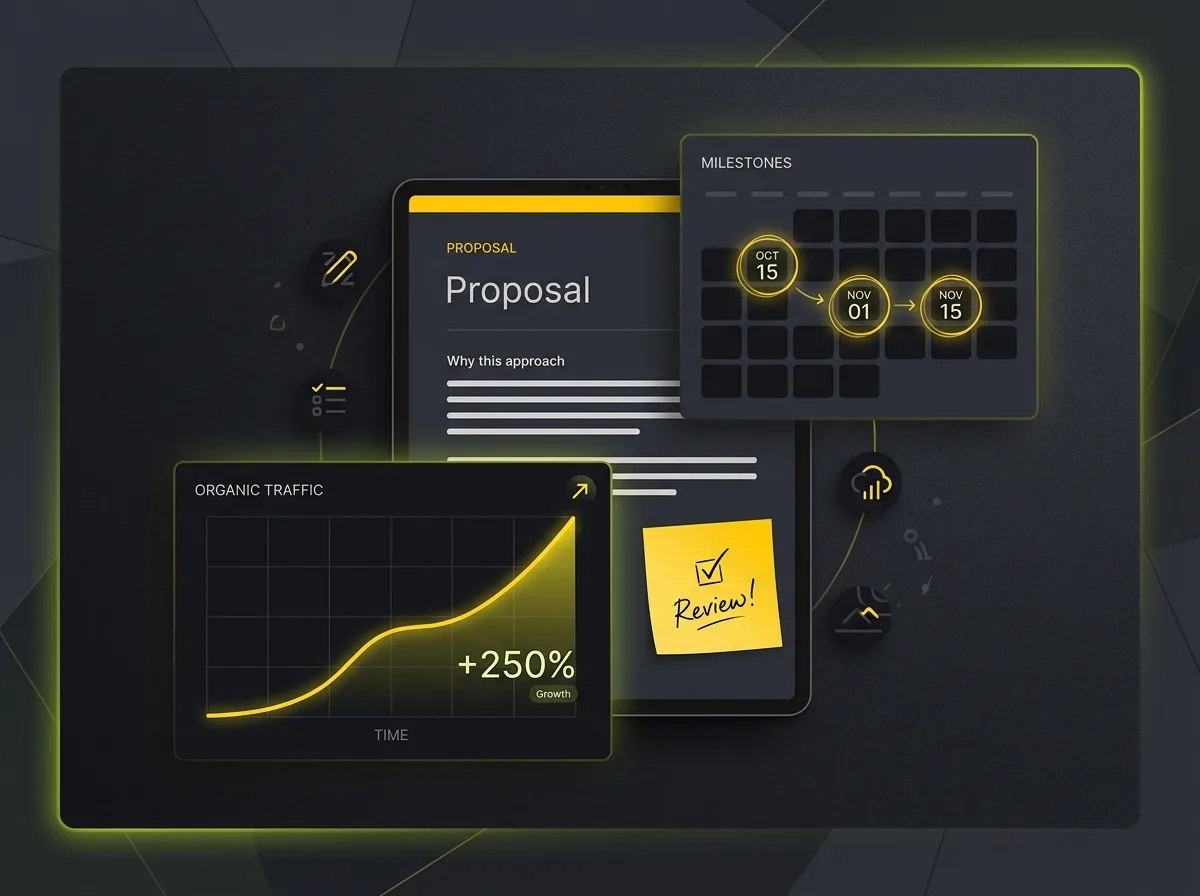 Editorial still life of a proposal document, milestone calendar and rising analytics chart