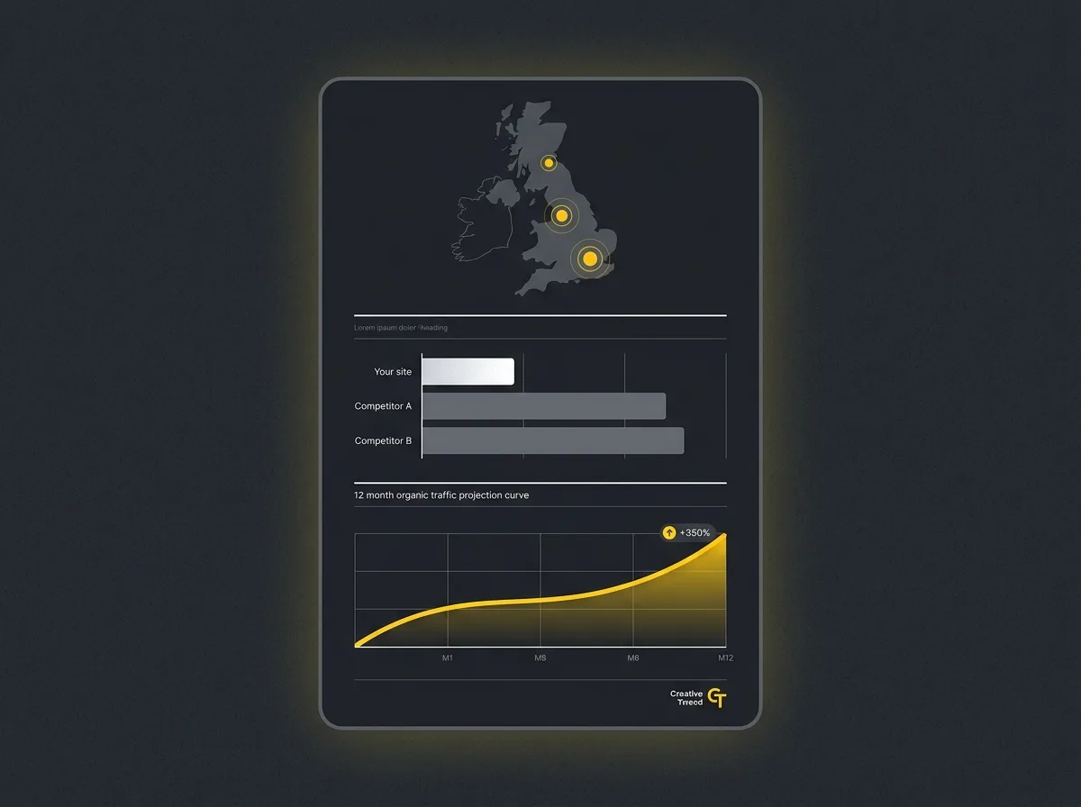 Stylised Traffic Projection Report preview showing a UK visibility gap chart and 12-month traffic projection