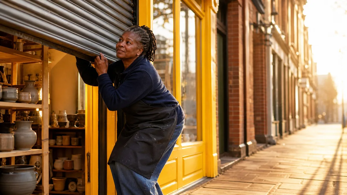UK independent shop owner raising the shutter on her yellow-fronted pottery shop at sunrise