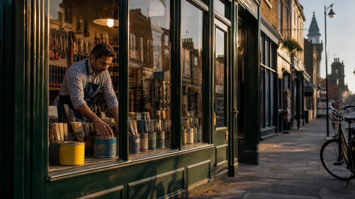 Independent UK shop owner arranging a window display on a quiet high street
