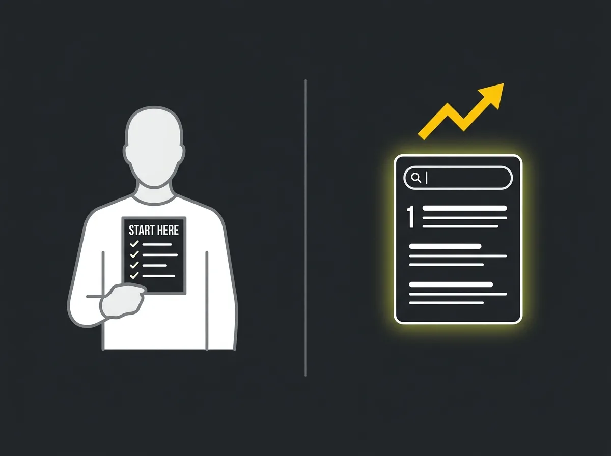 Split illustration comparing a DIY SEO checklist with a first-position search result