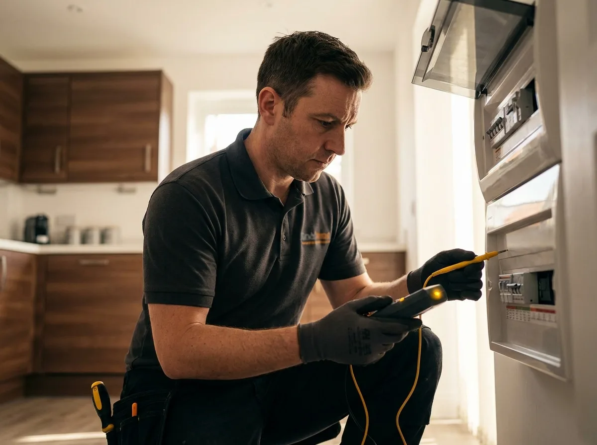 UK electrician inspecting a consumer unit in a residential kitchen